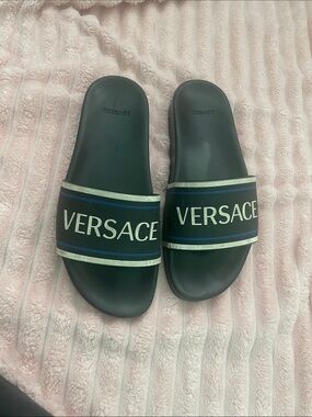 Versace Black Slide Sandals with Blue and White Accents